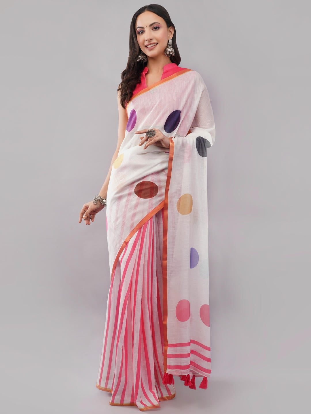 Samantha Off White Ready To Wear One Minute Linen Fabric Saree With Pre Stitched Pleats And Unstitched Blouse Piece Featuring Gold Zari Border For Women Ethnic Wear