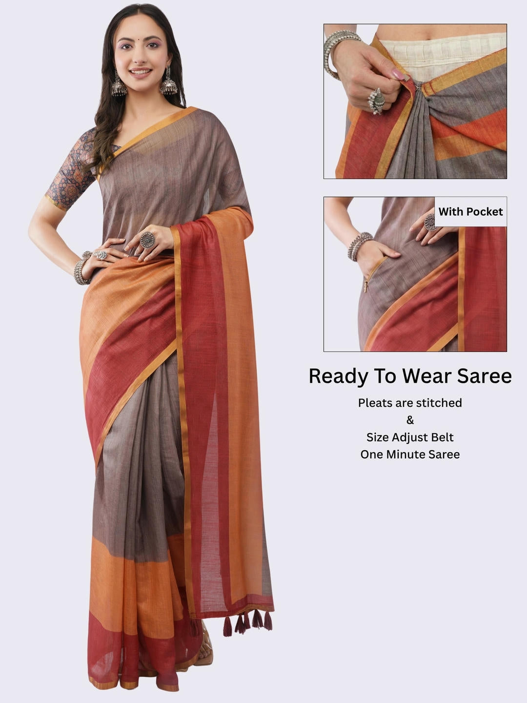 Beautiful woman styled in a dark brown ready-to-wear one-minute linen saree featuring pre-stitched pleats, a heavy gold zari border, and a matching brown blouse by Samantha.