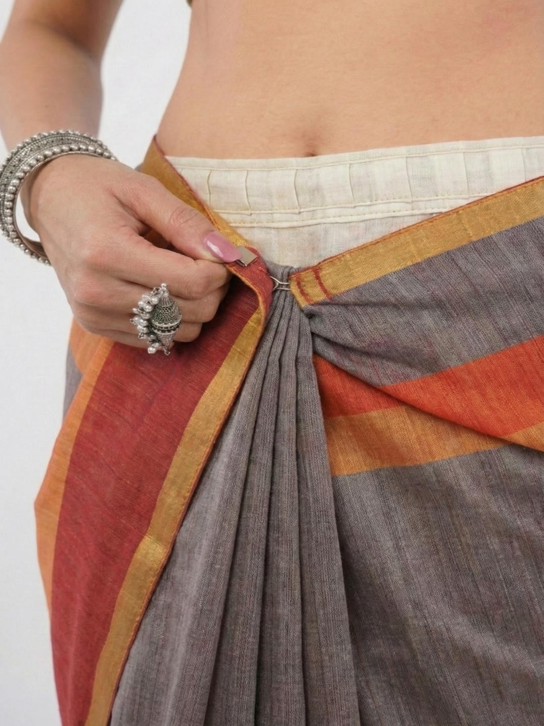 Samantha Brown Ready To Wear One Minute Linen Fabric Saree With Pre Stitched Pleats And Unstitched Blouse Piece Featuring Gold Zari Border For Women Ethnic Wear
