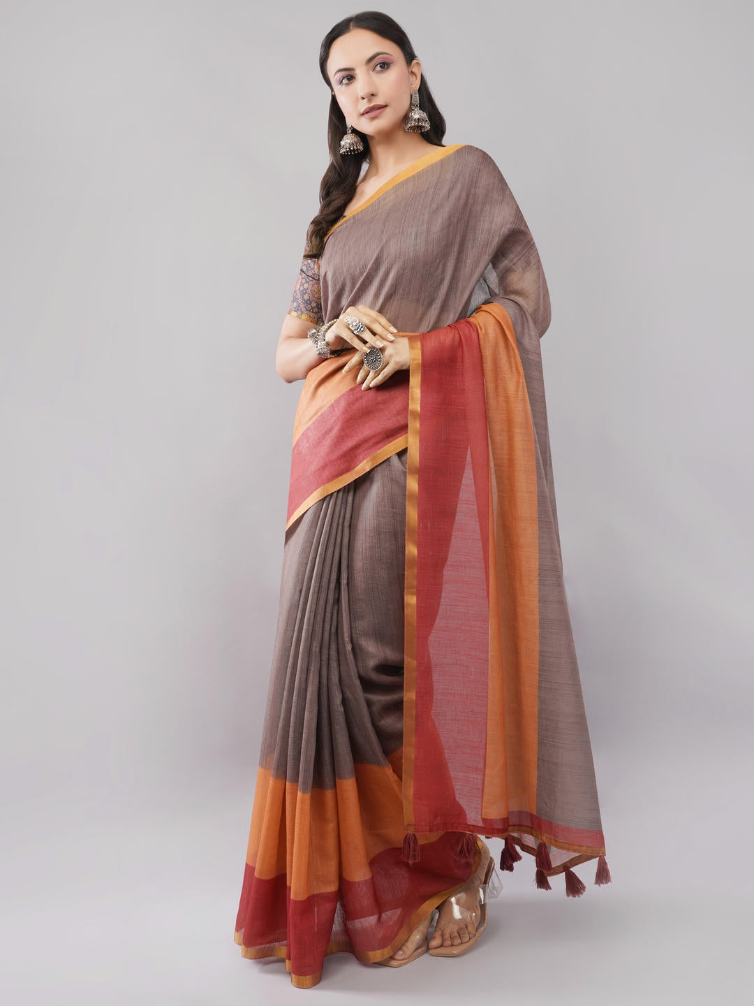 Samantha Brown Ready To Wear One Minute Linen Fabric Saree With Pre Stitched Pleats And Unstitched Blouse Piece Featuring Gold Zari Border For Women Ethnic Wear