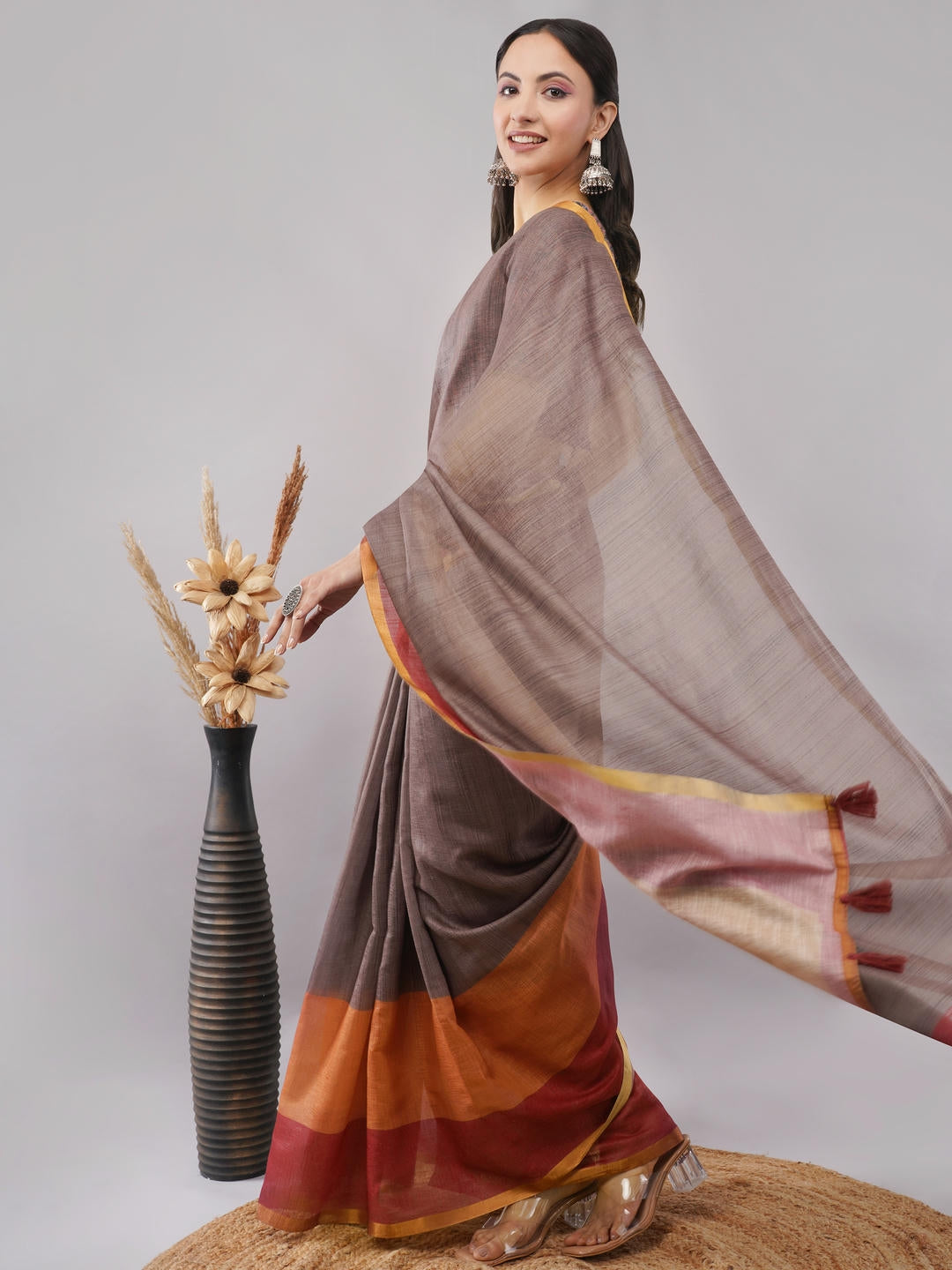 Samantha Brown Ready To Wear One Minute Linen Fabric Saree With Pre Stitched Pleats And Unstitched Blouse Piece Featuring Gold Zari Border For Women Ethnic Wear