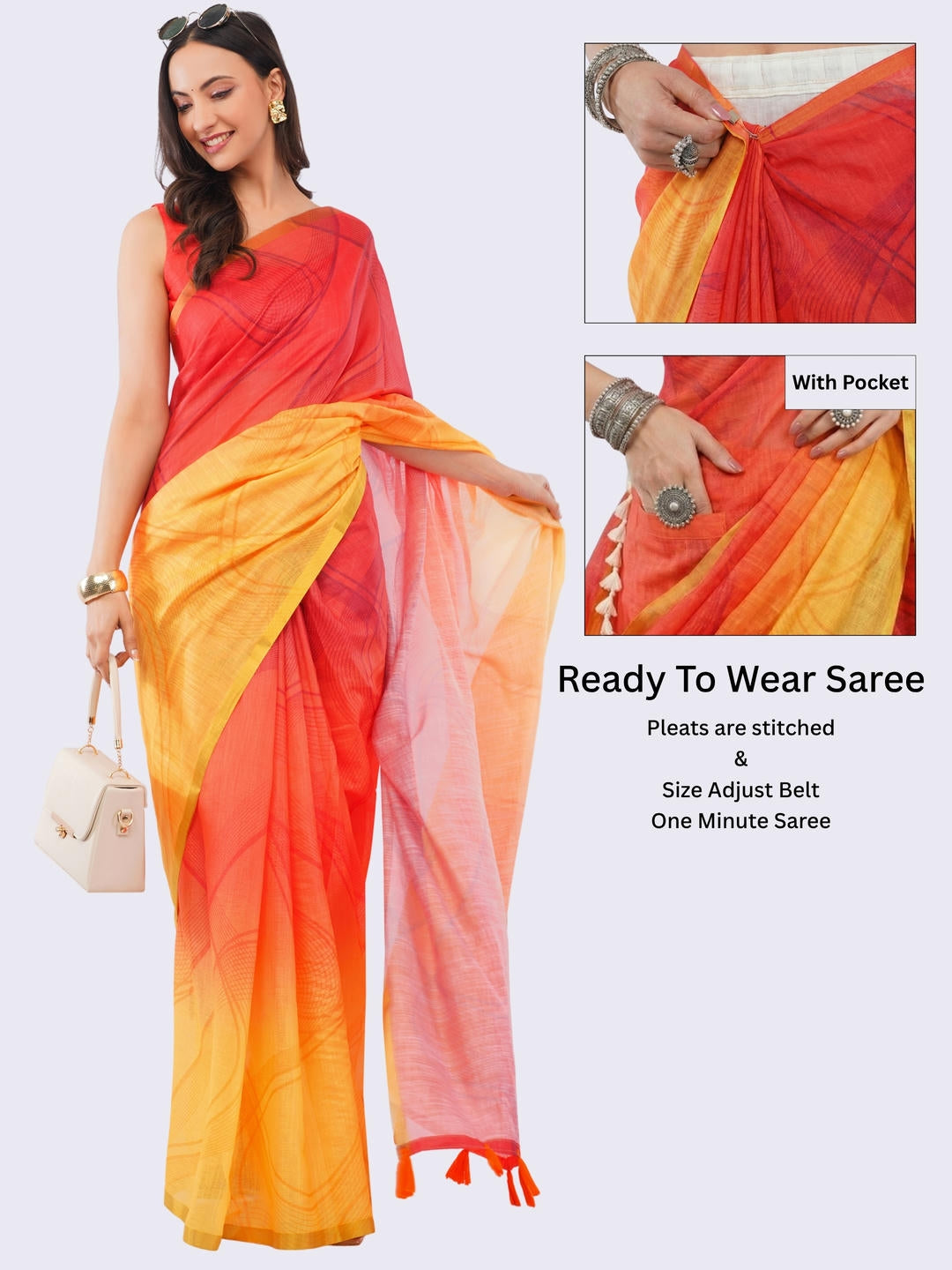 Beautiful woman styled in a red and yellow dual-tone ready-to-wear one-minute linen saree featuring pre-stitched pleats, a heavy gold zari border, and a matching red blouse by Samantha.