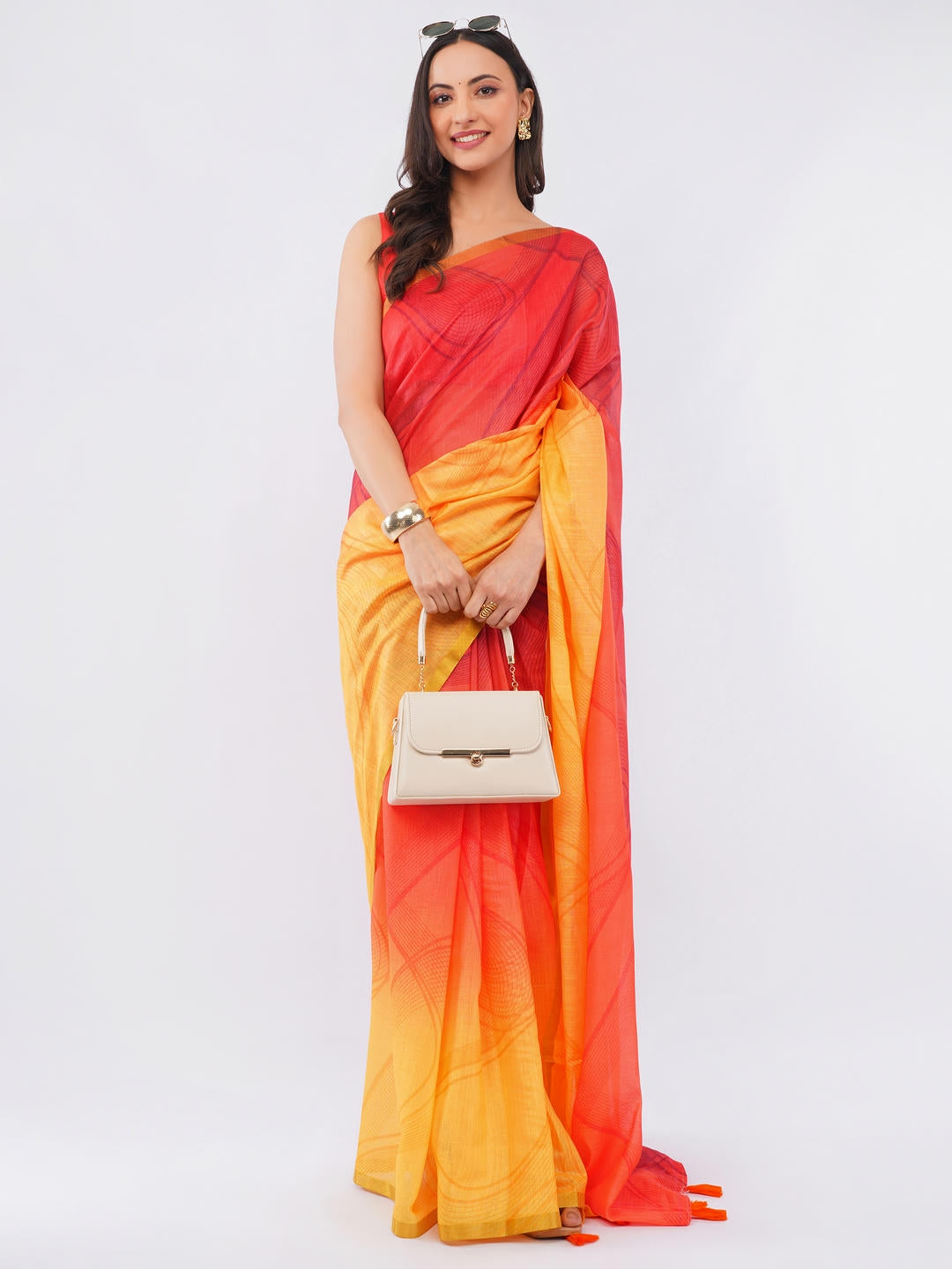 Samantha Red And Yellow Dual Tone Ready To Wear One Minute Linen Fabric Saree With Pre Stitched Pleats And Unstitched Red Blouse Piece Featuring Gold Zari Border For Women Ethnic Wear