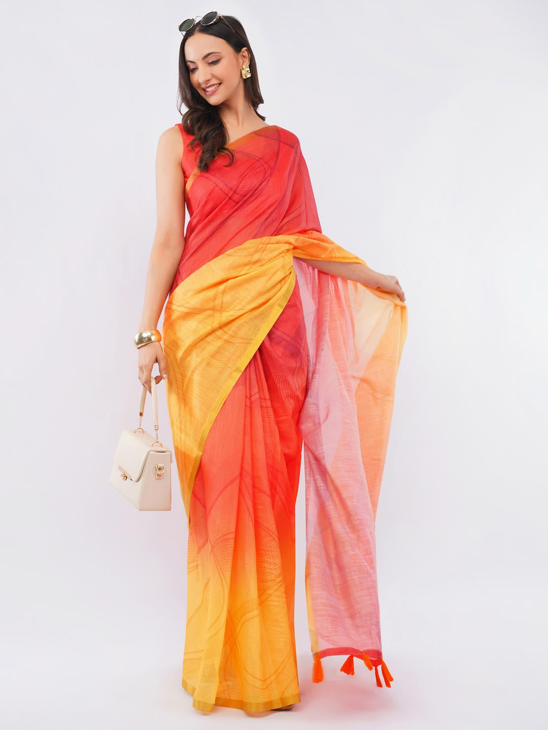 Samantha Red And Yellow Dual Tone Ready To Wear One Minute Linen Fabric Saree With Pre Stitched Pleats And Unstitched Red Blouse Piece Featuring Gold Zari Border For Women Ethnic Wear