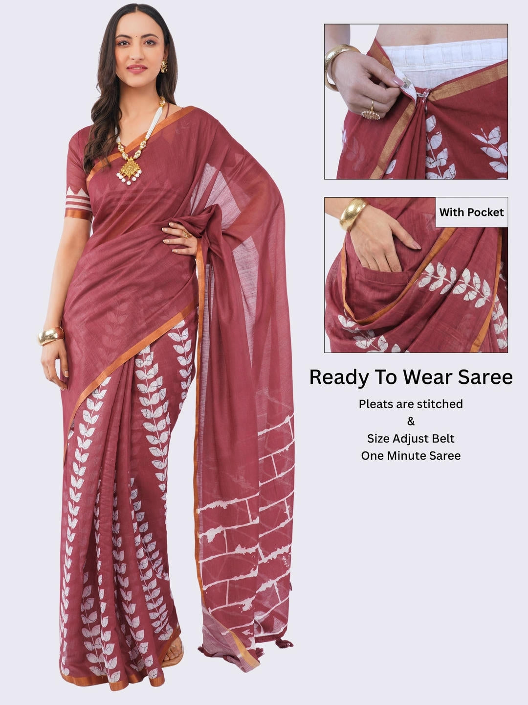 Beautiful woman styled in a deep maroon ready-to-wear one-minute linen saree featuring pre-stitched pleats, a heavy gold zari border, and a matching maroon blouse by Samantha.