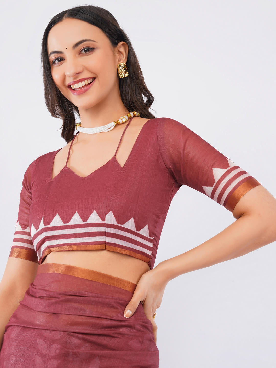 Samantha Maroon Ready To Wear One Minute Linen Fabric Saree With Pre Stitched Pleats And Unstitched Blouse Piece Featuring Gold Zari Border For Women Ethnic Wear