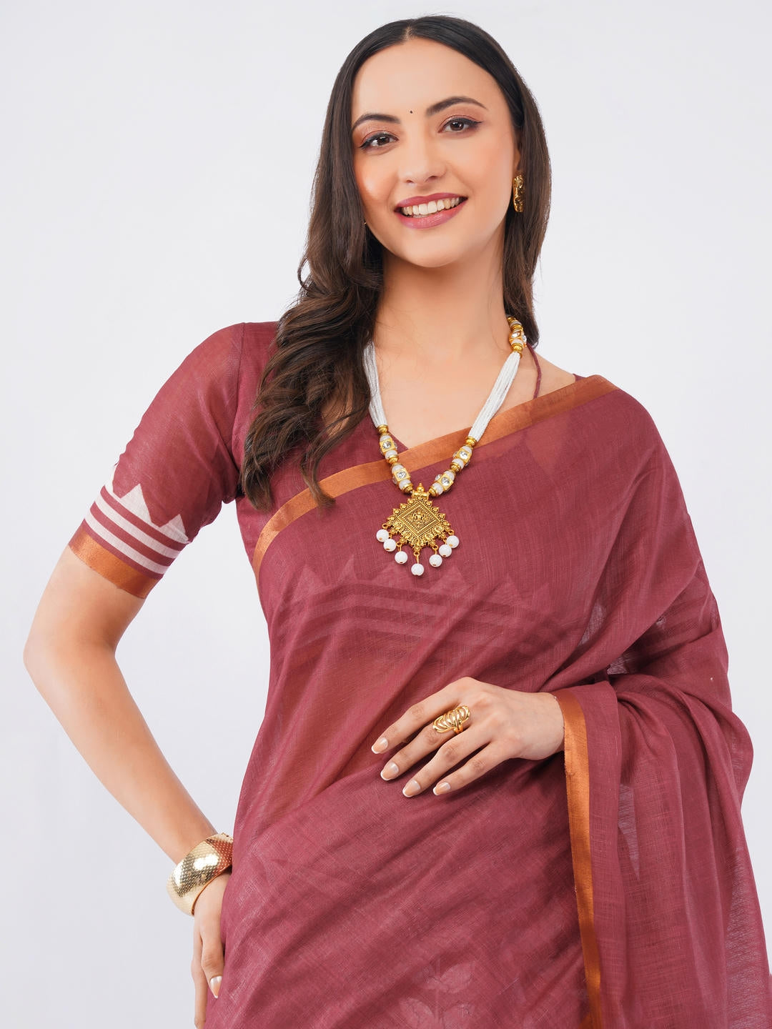 Samantha Maroon Ready To Wear One Minute Linen Fabric Saree With Pre Stitched Pleats And Unstitched Blouse Piece Featuring Gold Zari Border For Women Ethnic Wear