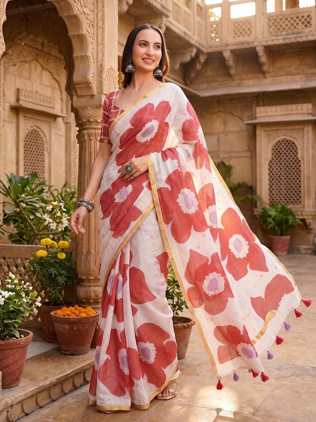 Samantha Maroon Ready To Wear One Minute Linen Fabric Saree With Pre Stitched Pleats And Unstitched Blouse Piece Featuring Gold Zari Border For Women Ethnic Wear