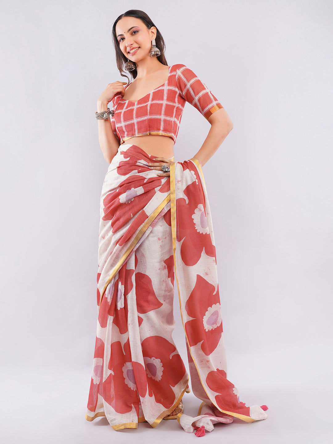Samantha Maroon Ready To Wear One Minute Linen Fabric Saree With Pre Stitched Pleats And Unstitched Blouse Piece Featuring Gold Zari Border For Women Ethnic Wear
