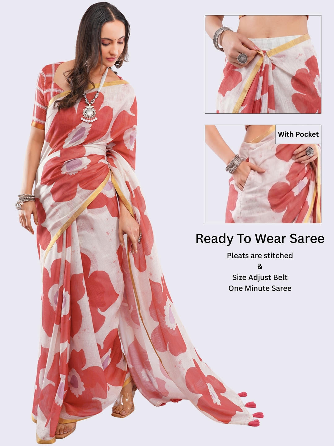 Beautiful woman styled in a deep maroon ready-to-wear one-minute linen saree featuring pre-stitched pleats, a heavy gold zari border, and a matching maroon blouse by Samantha.