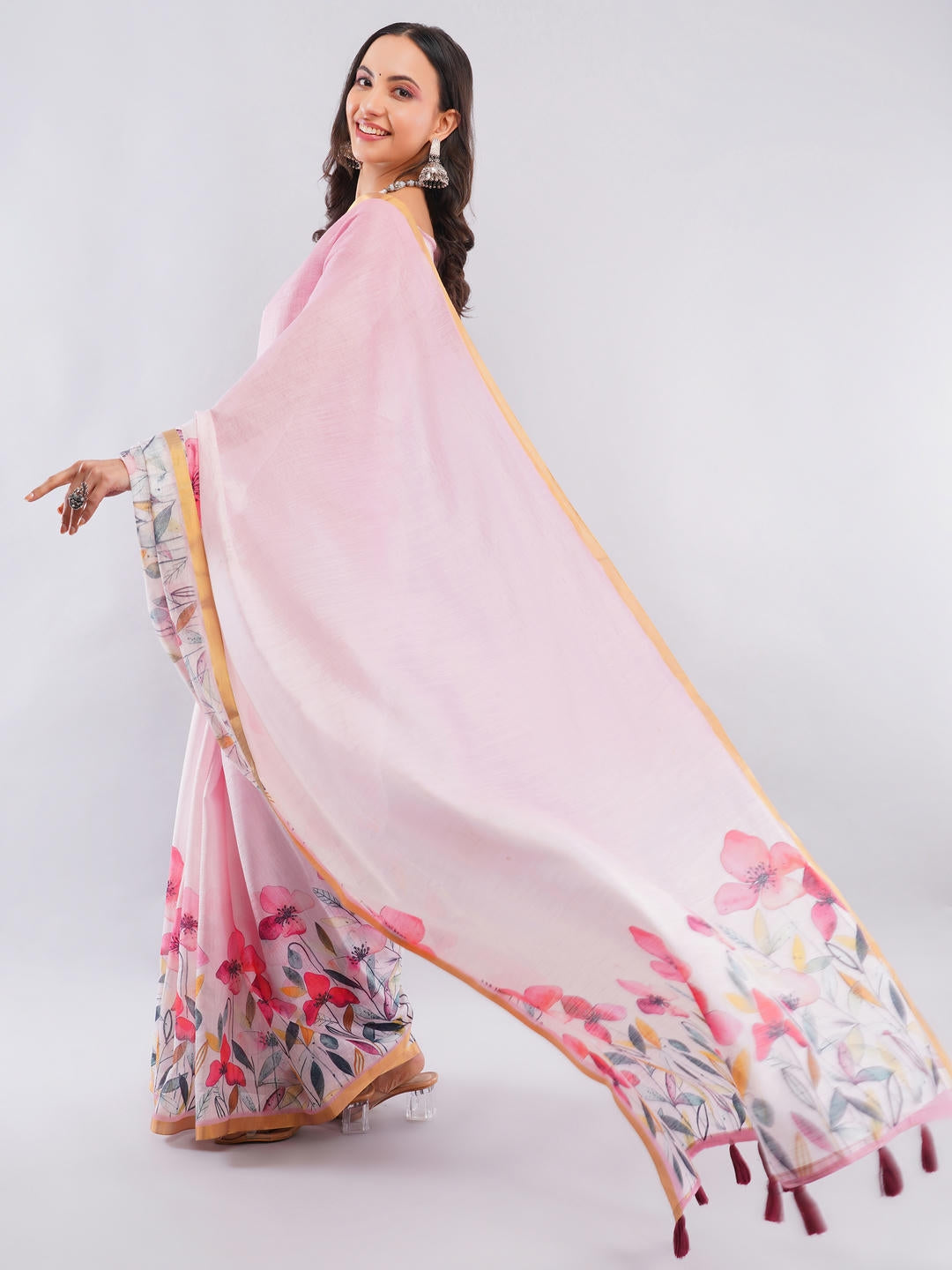 Samantha Baby Pink Ready To Wear One Minute Linen Fabric Saree With Pre Stitched Pleats And Unstitched Blouse Piece Featuring Gold Zari Border For Women Ethnic Wear