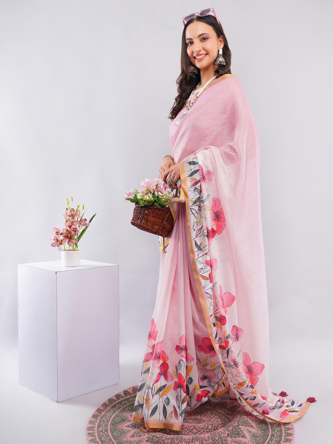 Samantha Baby Pink Ready To Wear One Minute Linen Fabric Saree With Pre Stitched Pleats And Unstitched Blouse Piece Featuring Gold Zari Border For Women Ethnic Wear