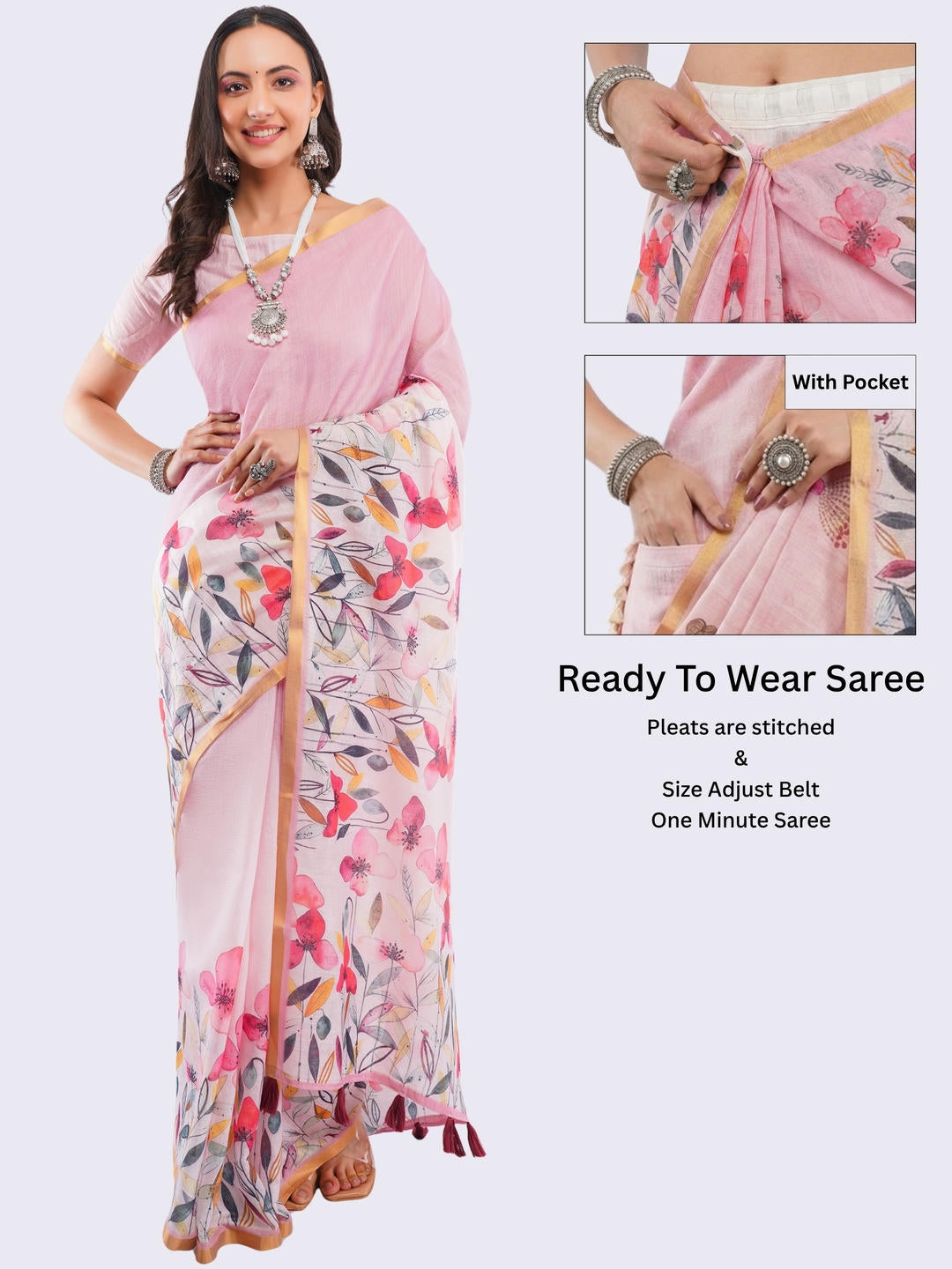 Beautiful woman styled in a soft baby pink ready-to-wear one-minute linen saree featuring pre-stitched pleats, a heavy gold zari border, and a matching pink blouse by Samantha.