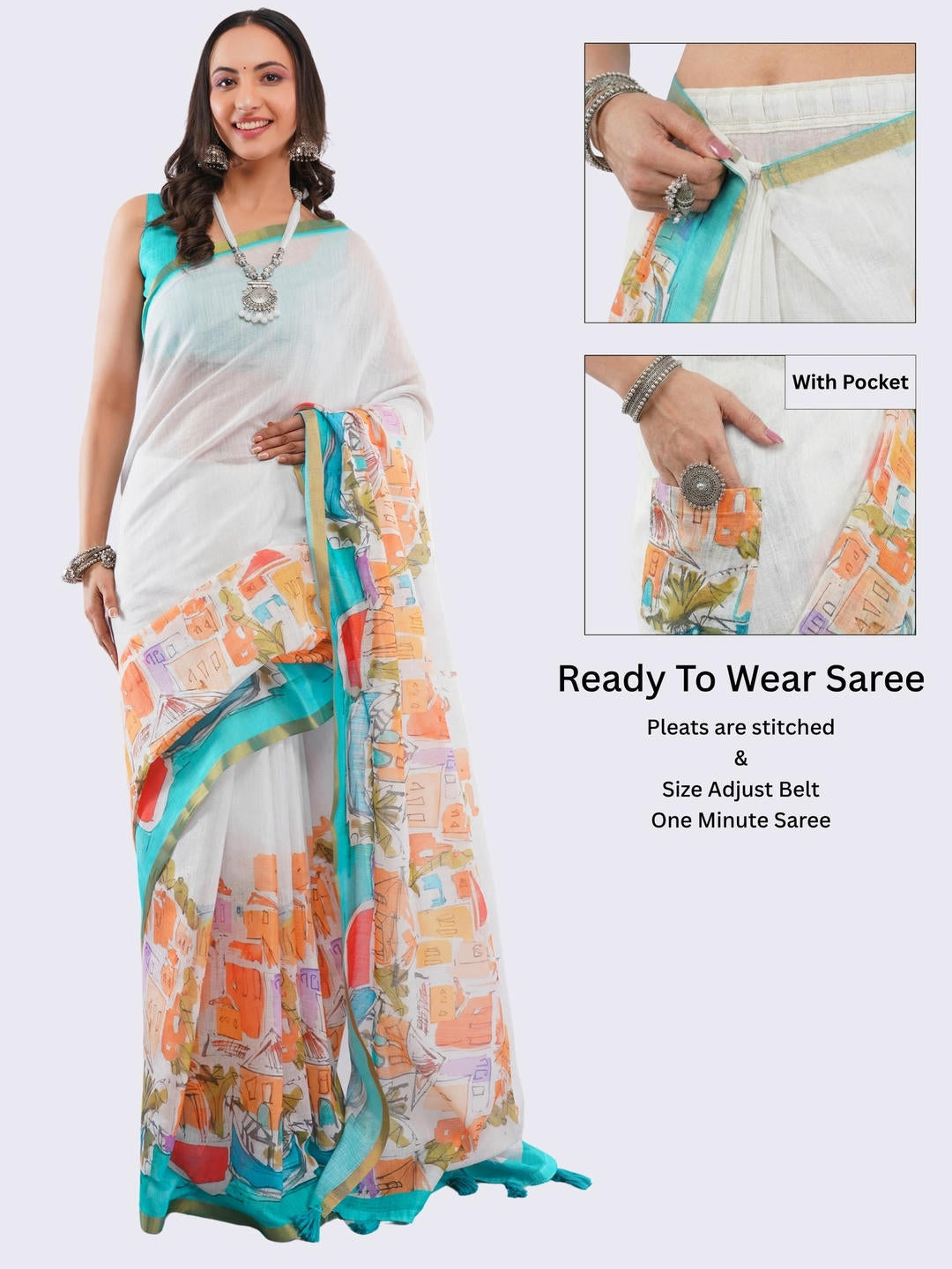 Beautiful woman styled in an off-white ready-to-wear one-minute linen saree featuring pre-stitched pleats, a heavy gold zari border, and a matching off-white blouse by Samantha.