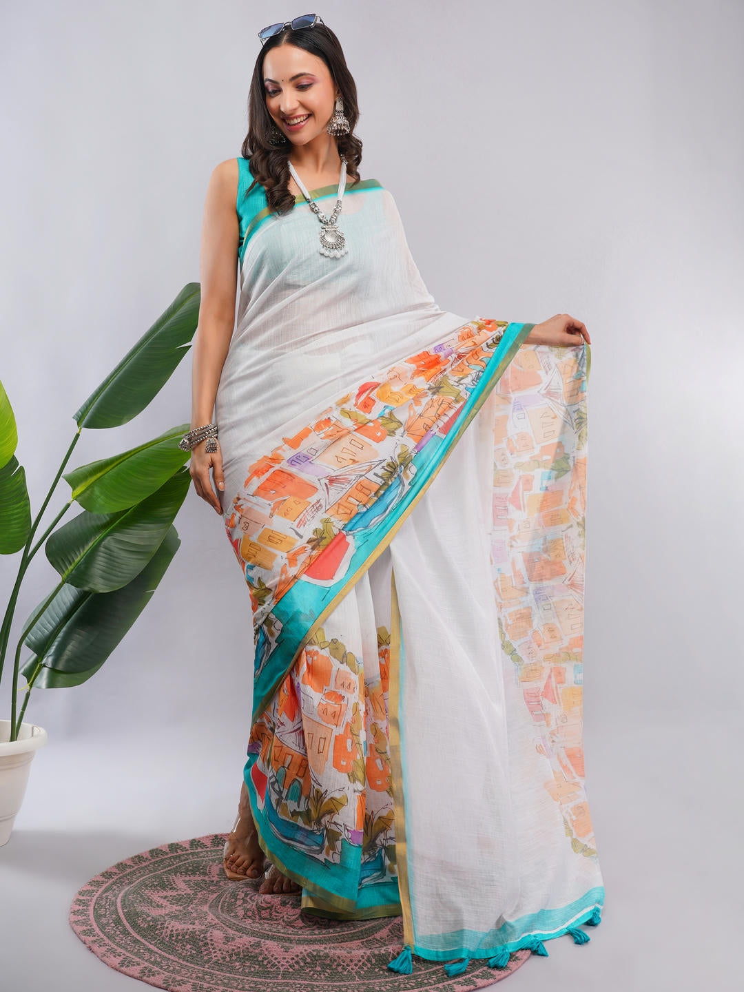 Samantha Off White Ready To Wear One Minute Linen Fabric Saree With Pre Stitched Pleats And Unstitched Blouse Piece Featuring Gold Zari Border For Women Ethnic Wear