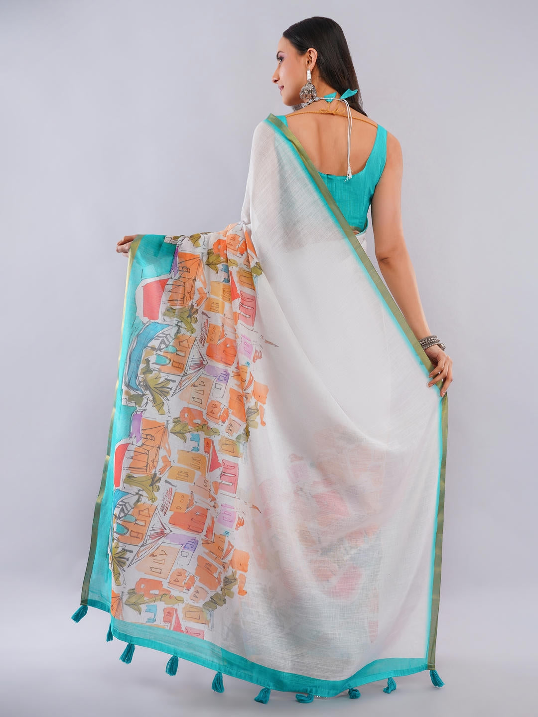Samantha Off White Ready To Wear One Minute Linen Fabric Saree With Pre Stitched Pleats And Unstitched Blouse Piece Featuring Gold Zari Border For Women Ethnic Wear