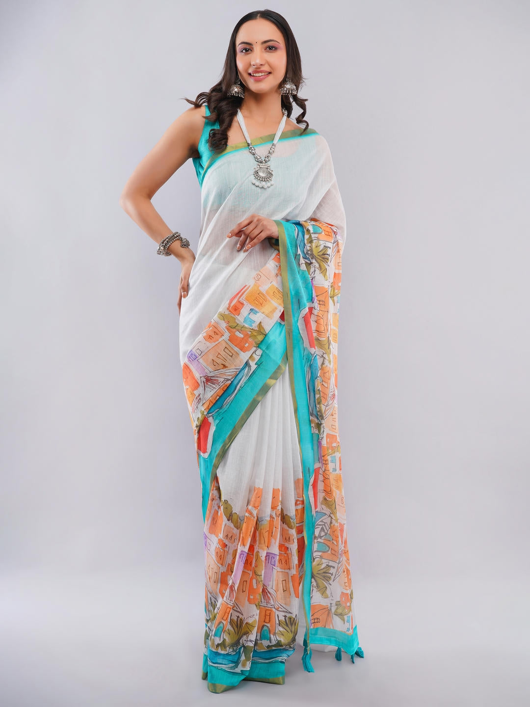 Samantha Off White Ready To Wear One Minute Linen Fabric Saree With Pre Stitched Pleats And Unstitched Blouse Piece Featuring Gold Zari Border For Women Ethnic Wear