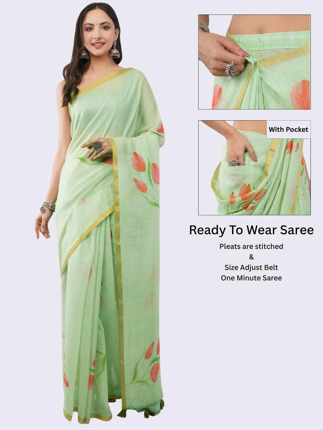 Beautiful woman styled in a pista green ready-to-wear one-minute linen saree featuring pre-stitched pleats, a heavy gold zari border, and a matching green blouse by Samantha.