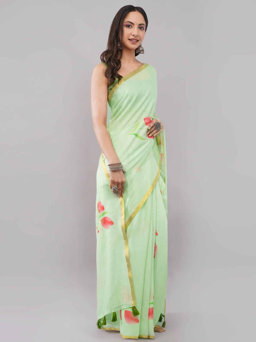 Samantha Pista Green Ready To Wear One Minute Linen Fabric Saree With Pre Stitched Pleats And Unstitched Blouse Piece Featuring Gold Zari Border For Women Ethnic Wear