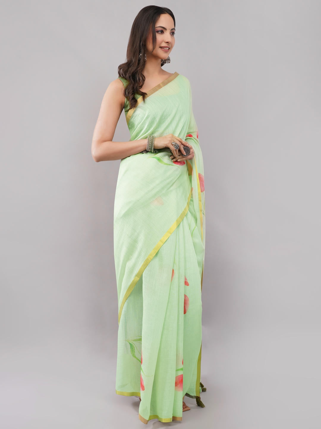 Samantha Pista Green Ready To Wear One Minute Linen Fabric Saree With Pre Stitched Pleats And Unstitched Blouse Piece Featuring Gold Zari Border For Women Ethnic Wear