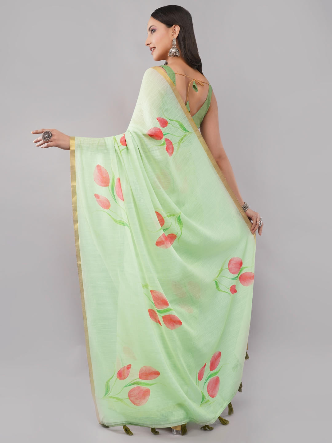 Samantha Pista Green Ready To Wear One Minute Linen Fabric Saree With Pre Stitched Pleats And Unstitched Blouse Piece Featuring Gold Zari Border For Women Ethnic Wear