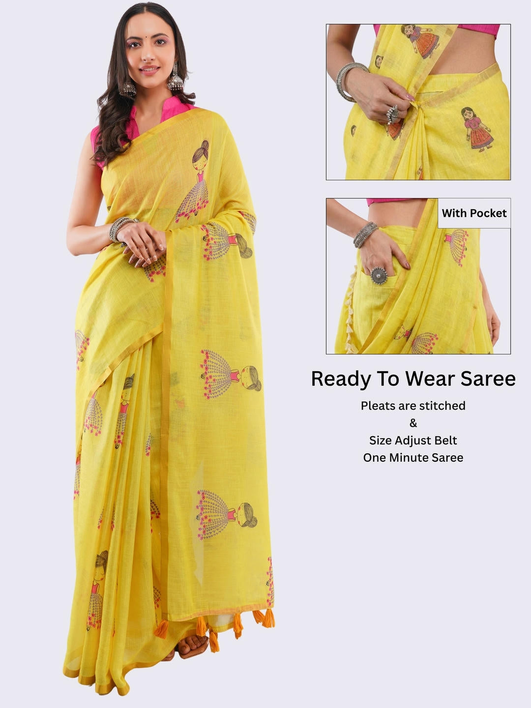 Beautiful woman styled in a bright yellow ready-to-wear one-minute linen saree featuring pre-stitched pleats, a heavy gold zari border, and a matching yellow blouse by Samantha.