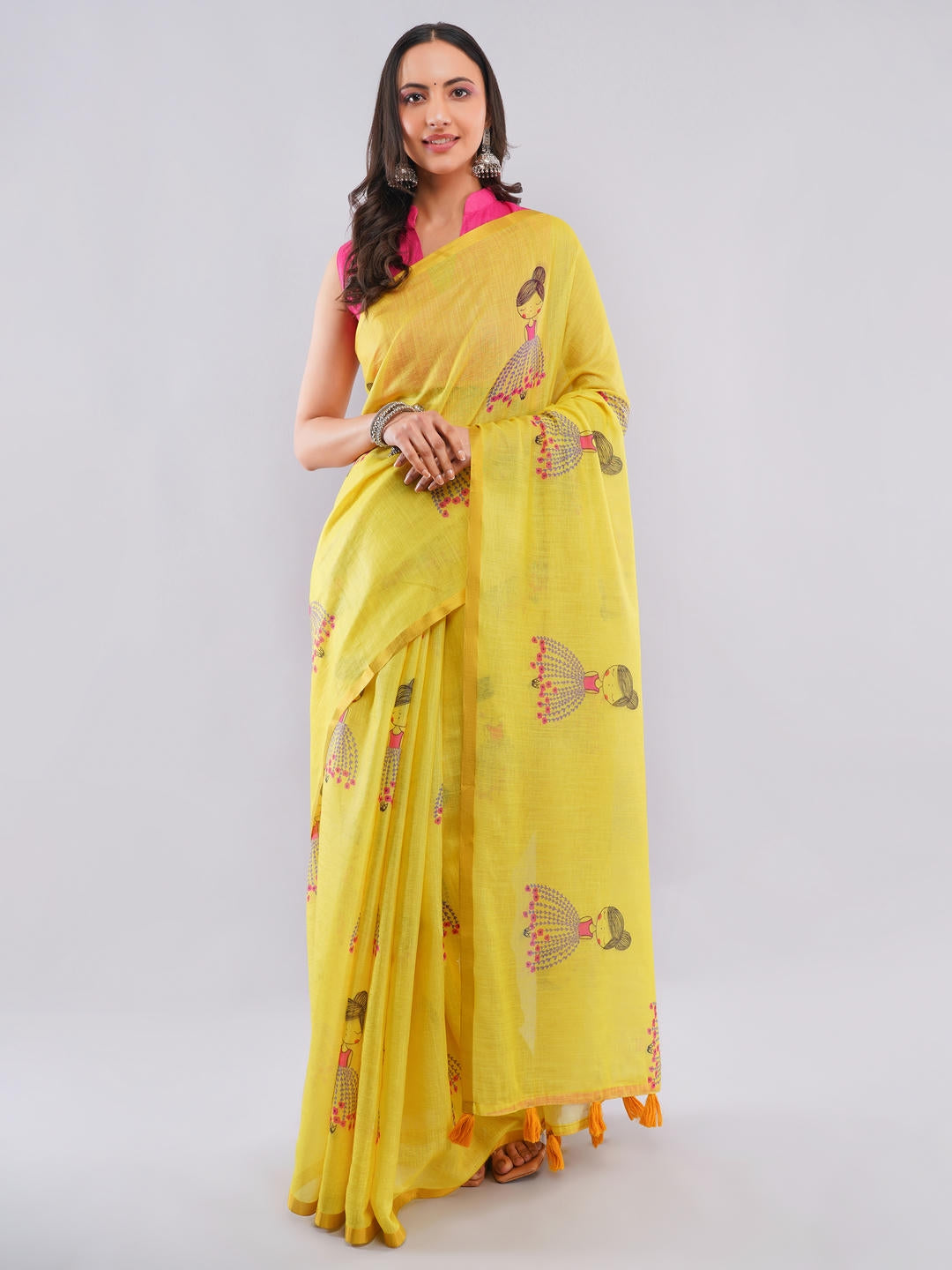 Samantha Yellow Ready To Wear One Minute Linen Fabric Saree With Pre Stitched Pleats And Unstitched Blouse Piece Featuring Gold Zari Border For Women Ethnic Wear
