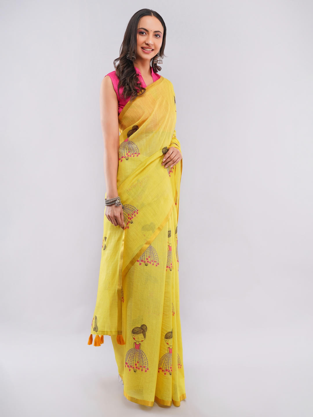 Samantha Yellow Ready To Wear One Minute Linen Fabric Saree With Pre Stitched Pleats And Unstitched Blouse Piece Featuring Gold Zari Border For Women Ethnic Wear