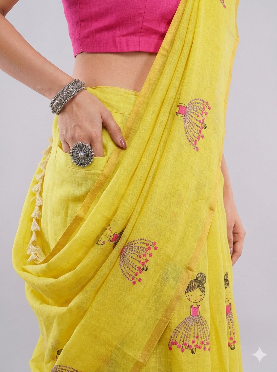 Samantha Yellow Ready To Wear One Minute Linen Fabric Saree With Pre Stitched Pleats And Unstitched Blouse Piece Featuring Gold Zari Border For Women Ethnic Wear