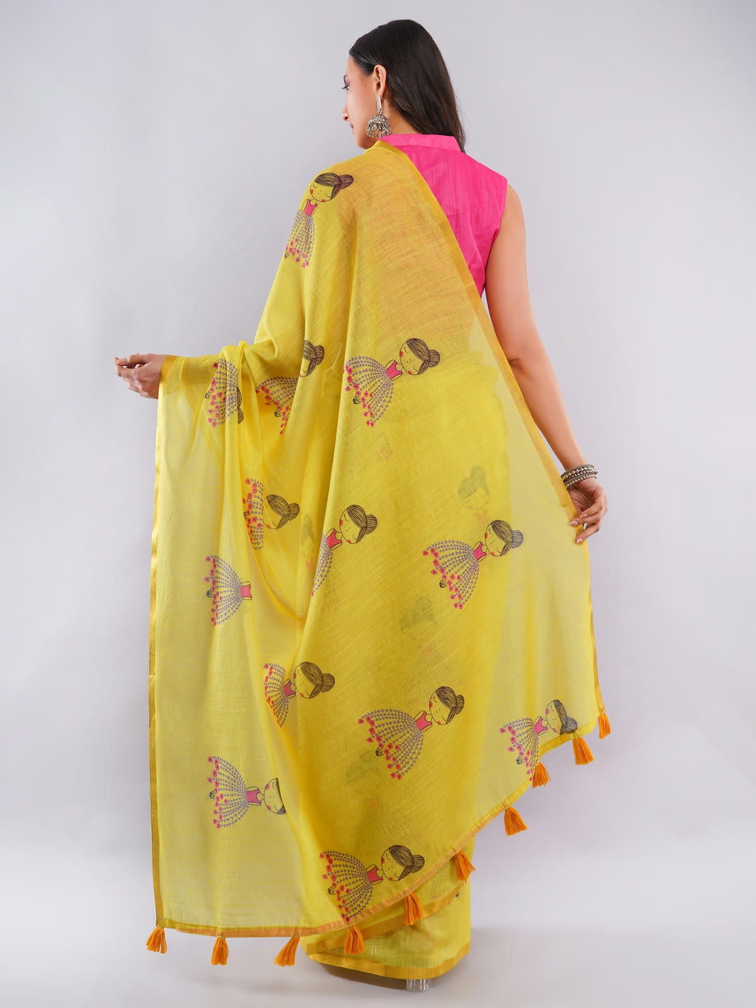 Samantha Yellow Ready To Wear One Minute Linen Fabric Saree With Pre Stitched Pleats And Unstitched Blouse Piece Featuring Gold Zari Border For Women Ethnic Wear