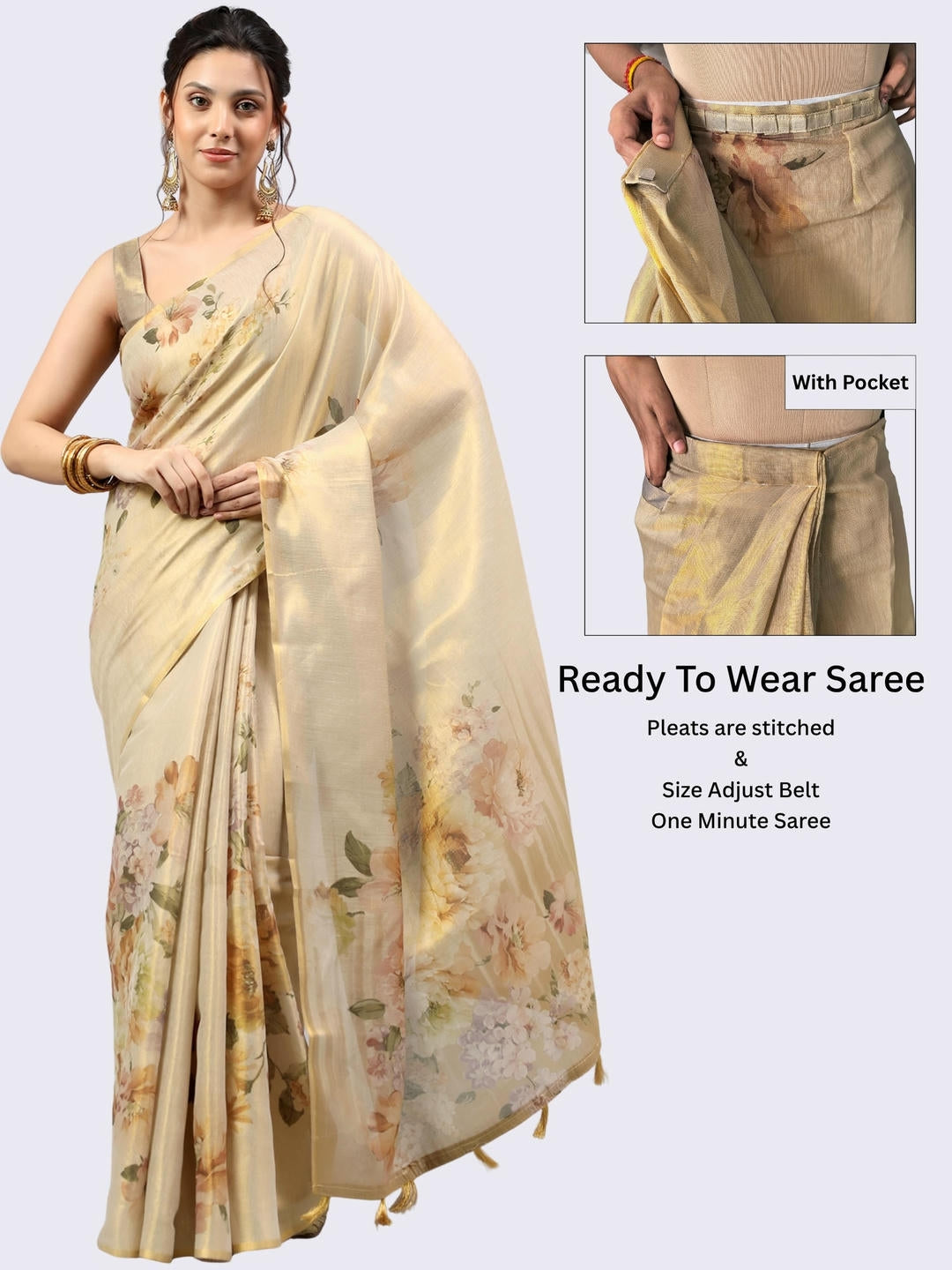 Beautiful woman styled in a shimmering metallic beige floral printed ready-to-wear one-minute polyester erode zari saree featuring pre-stitched pleats and a matching blouse by Samantha.