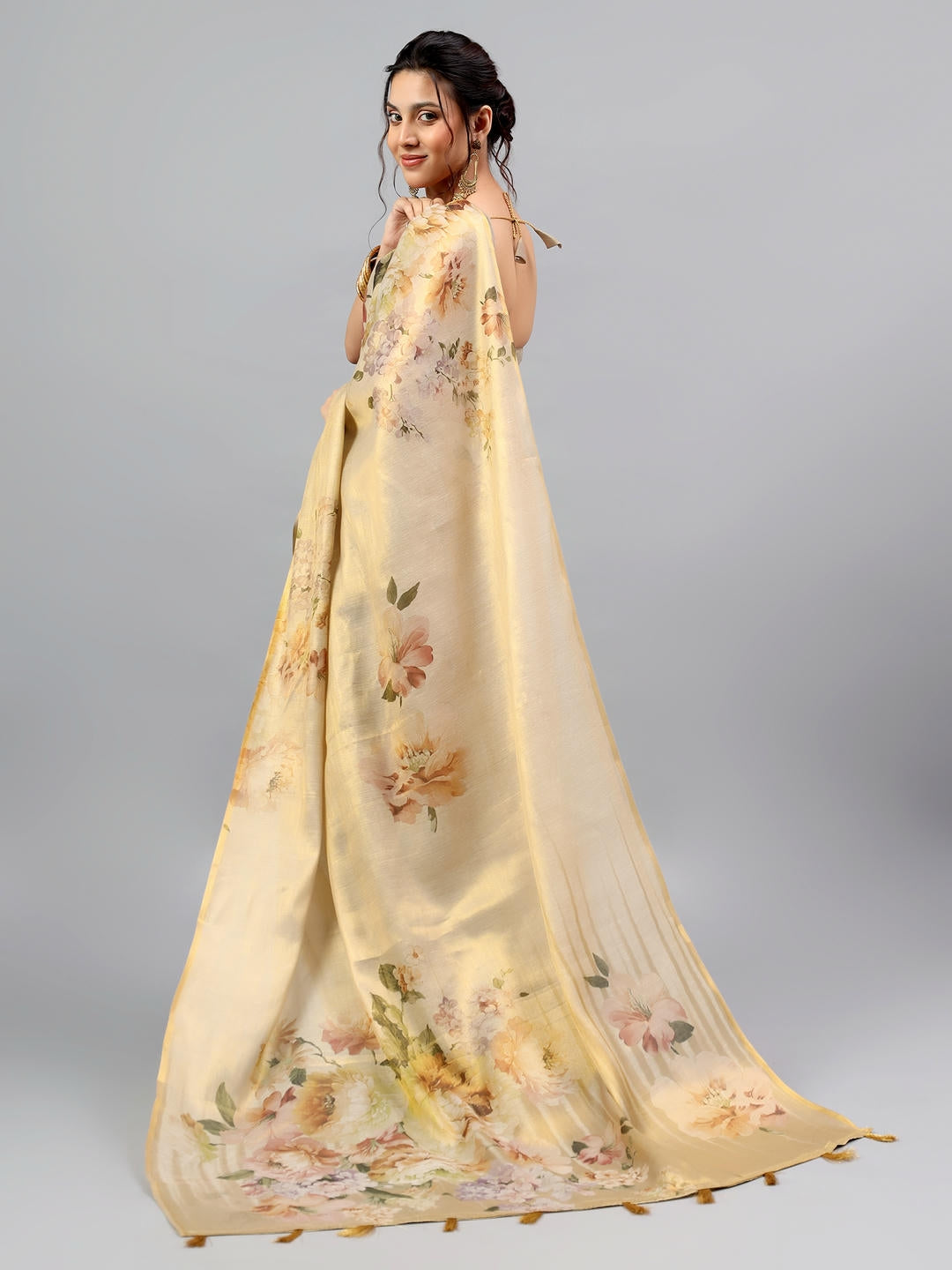 Samantha Beige Floral Printed Ready To Wear One Minute Polyester Erode Zari Saree With Pre Stitched Pleats And Unstitched Blouse Piece For Women Party Wear