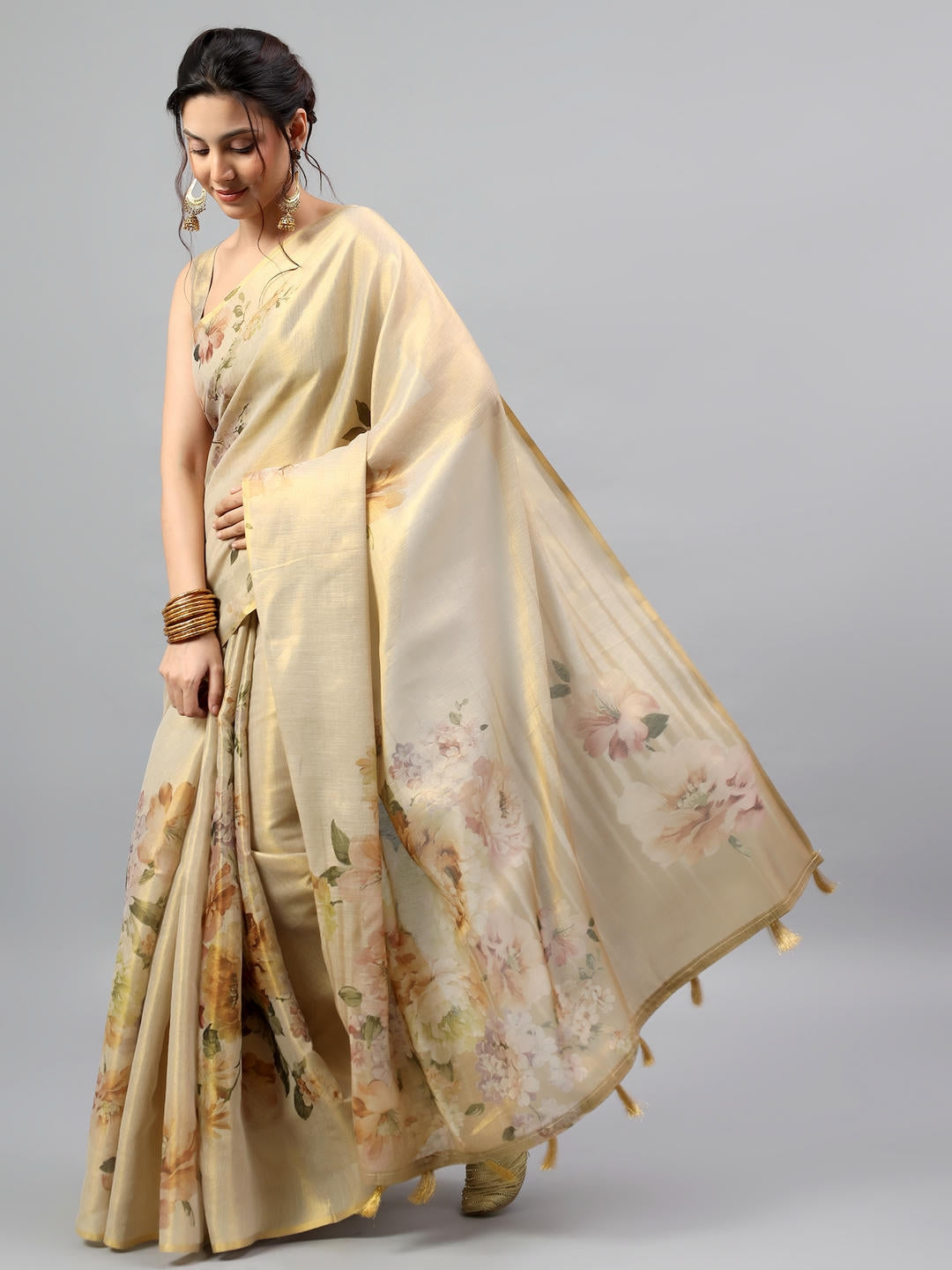 Samantha Beige Floral Printed Ready To Wear One Minute Polyester Erode Zari Saree With Pre Stitched Pleats And Unstitched Blouse Piece For Women Party Wear