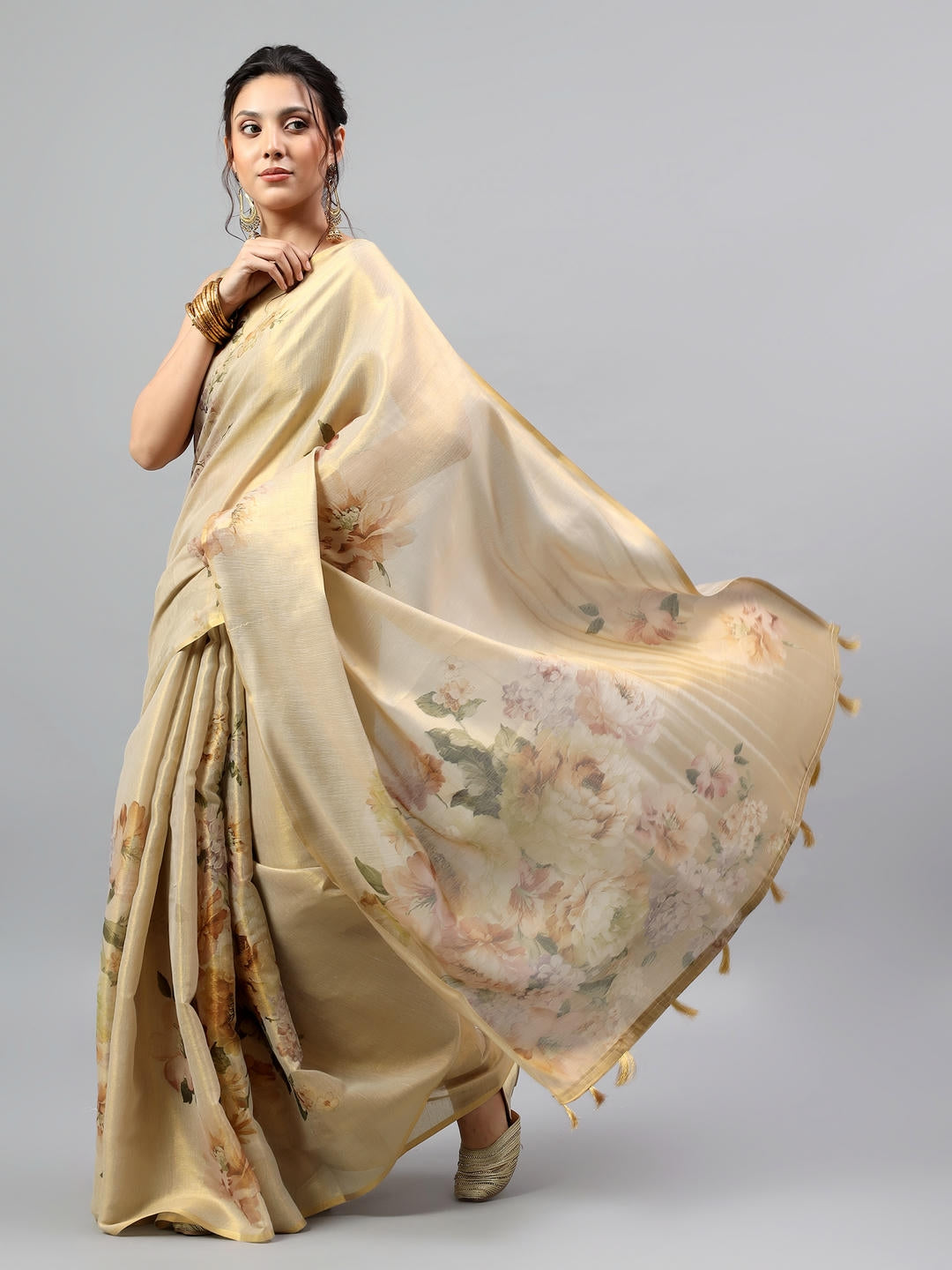 Samantha Beige Floral Printed Ready To Wear One Minute Polyester Erode Zari Saree With Pre Stitched Pleats And Unstitched Blouse Piece For Women Party Wear
