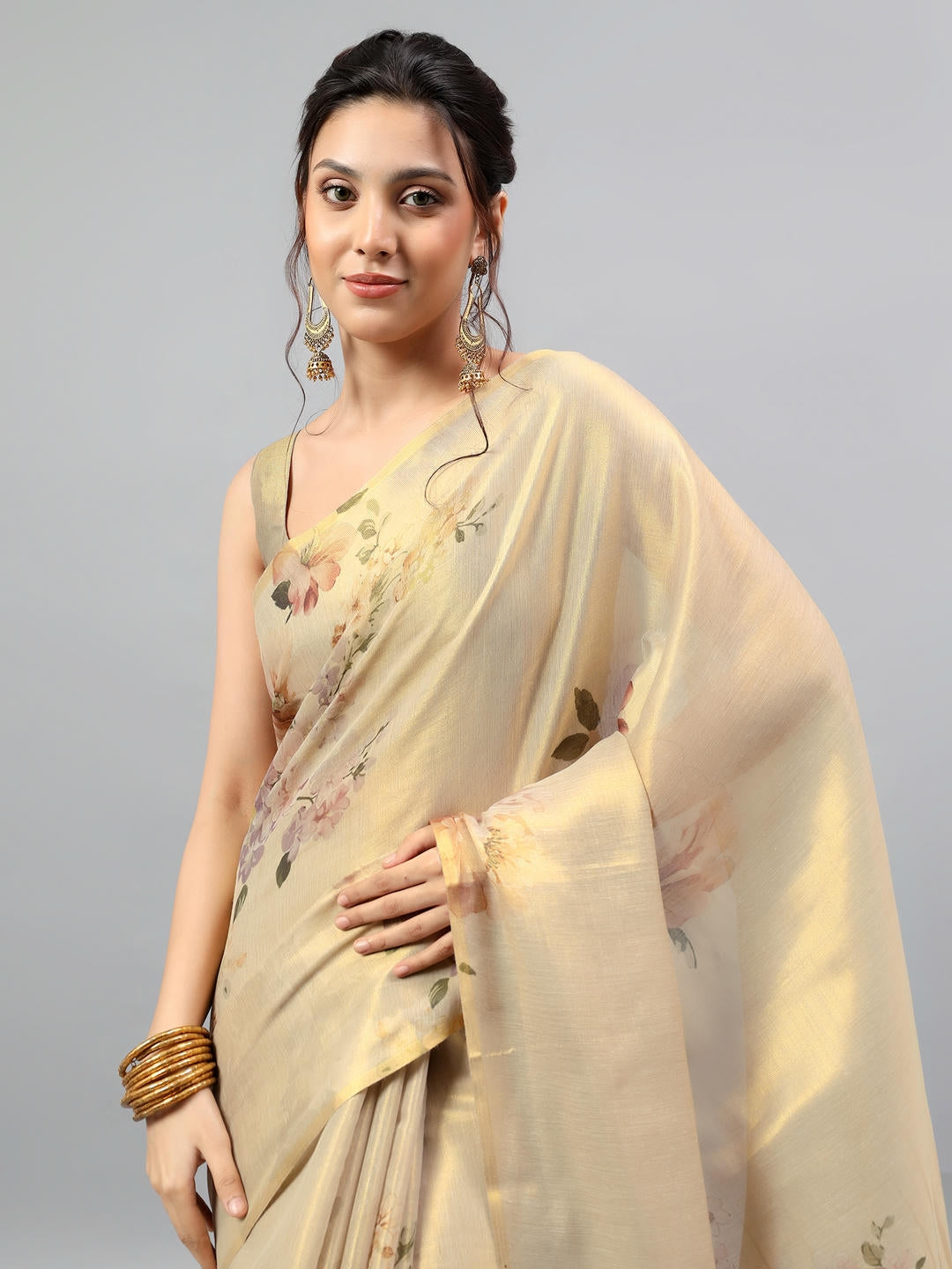 Samantha Beige Floral Printed Ready To Wear One Minute Polyester Erode Zari Saree With Pre Stitched Pleats And Unstitched Blouse Piece For Women Party Wear