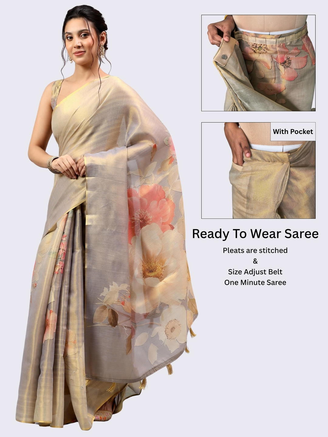 Beautiful woman styled in a shimmering metallic beige gold floral printed ready-to-wear one-minute polyester erode zari saree featuring pre-stitched pleats and a matching blouse by Samantha.