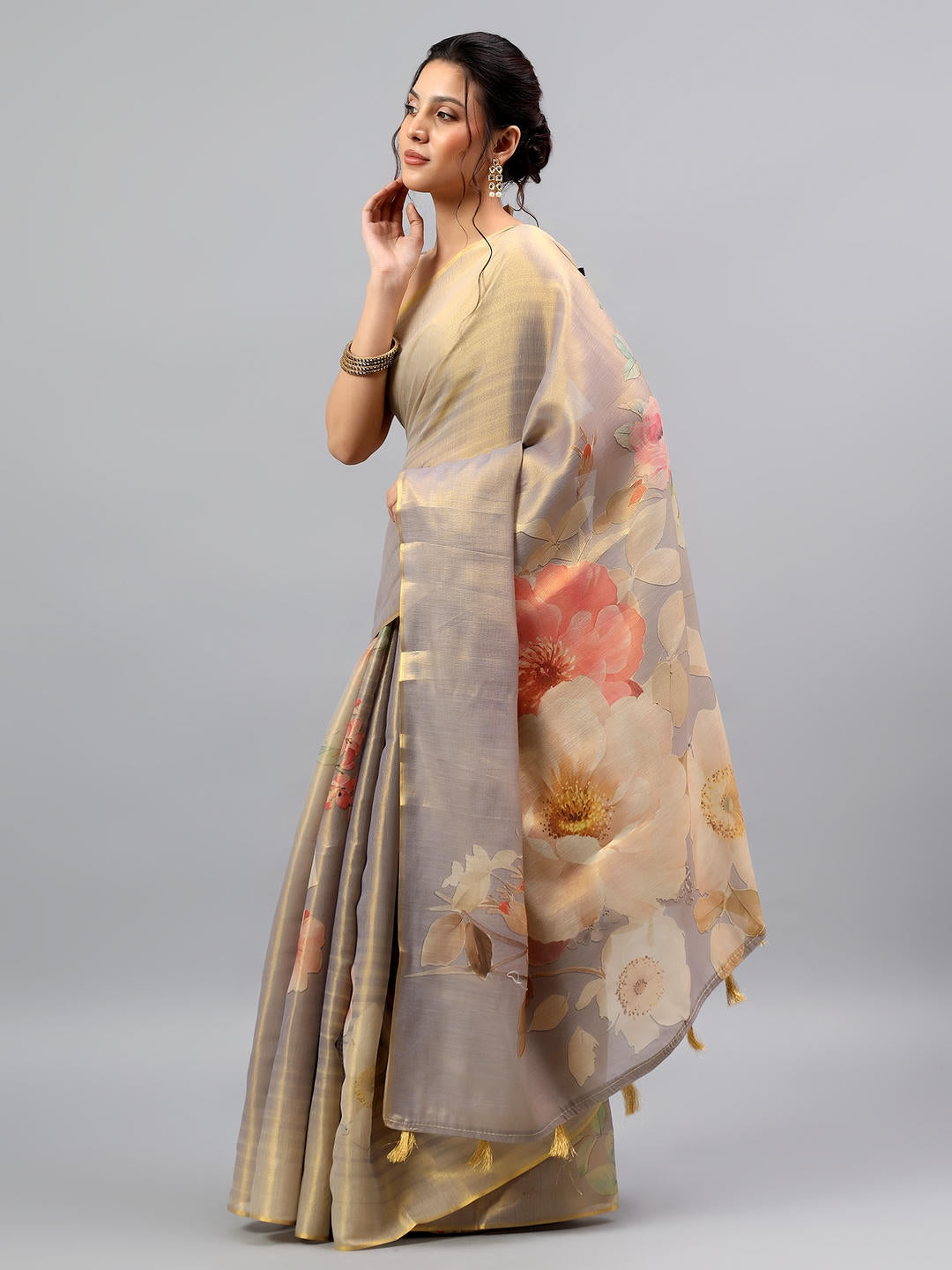 Samantha Beige Gold Floral Printed Ready To Wear One Minute Polyester Erode Zari Saree With Pre Stitched Pleats And Unstitched Blouse Piece For Women Party Wear