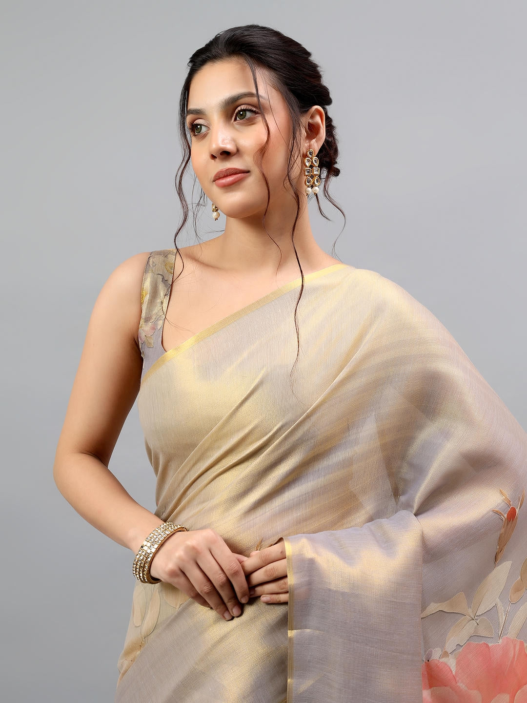Samantha Beige Gold Floral Printed Ready To Wear One Minute Polyester Erode Zari Saree With Pre Stitched Pleats And Unstitched Blouse Piece For Women Party Wear