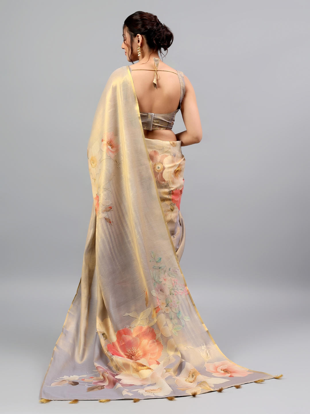 Samantha Beige Gold Floral Printed Ready To Wear One Minute Polyester Erode Zari Saree With Pre Stitched Pleats And Unstitched Blouse Piece For Women Party Wear