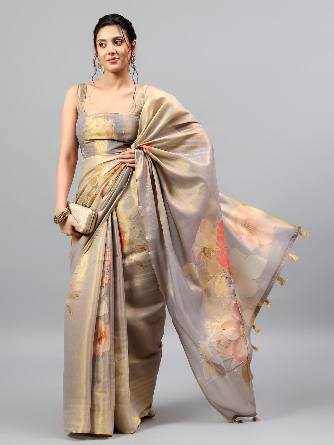 Samantha Beige Gold Floral Printed Ready To Wear One Minute Polyester Erode Zari Saree With Pre Stitched Pleats And Unstitched Blouse Piece For Women Party Wear