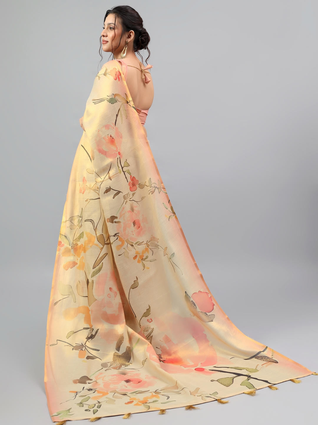 Samantha Beige Gold Floral Printed Ready To Wear One Minute Polyester Erode Zari Saree With Pre Stitched Pleats, Pocket And Unstitched Blouse Piece For Women Party Wear