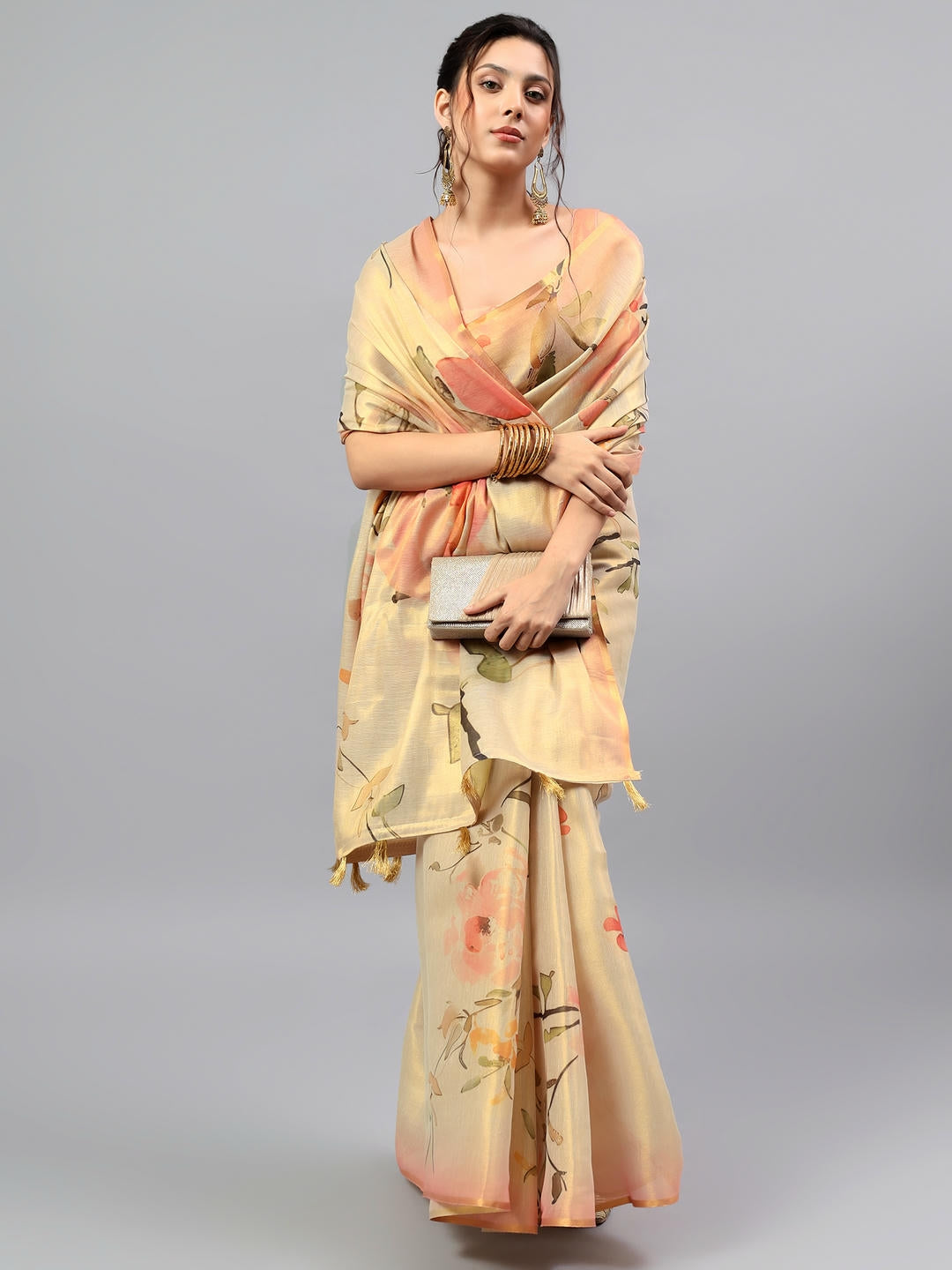 Samantha Beige Gold Floral Printed Ready To Wear One Minute Polyester Erode Zari Saree With Pre Stitched Pleats, Pocket And Unstitched Blouse Piece For Women Party Wear