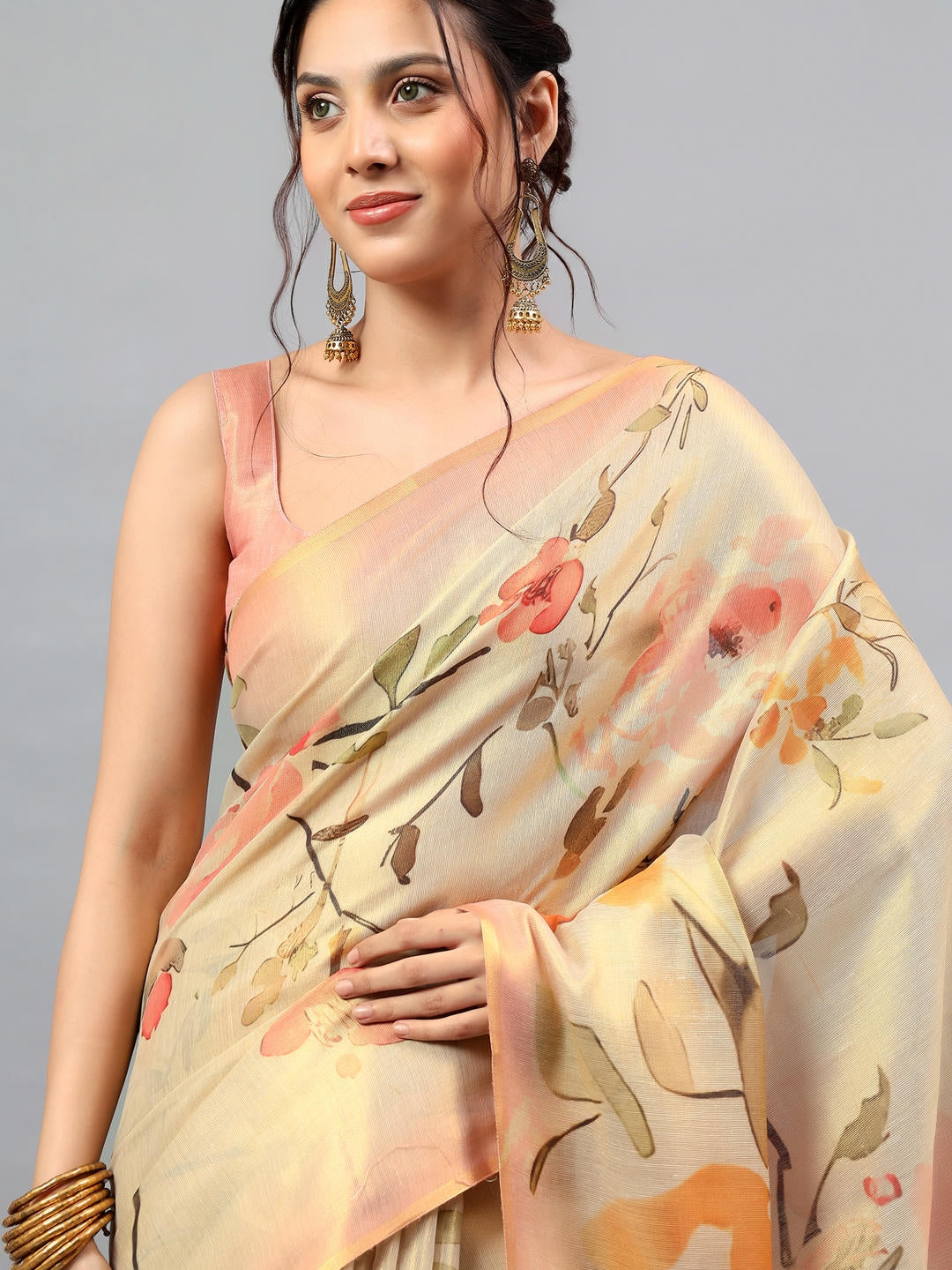 Samantha Beige Gold Floral Printed Ready To Wear One Minute Polyester Erode Zari Saree With Pre Stitched Pleats, Pocket And Unstitched Blouse Piece For Women Party Wear