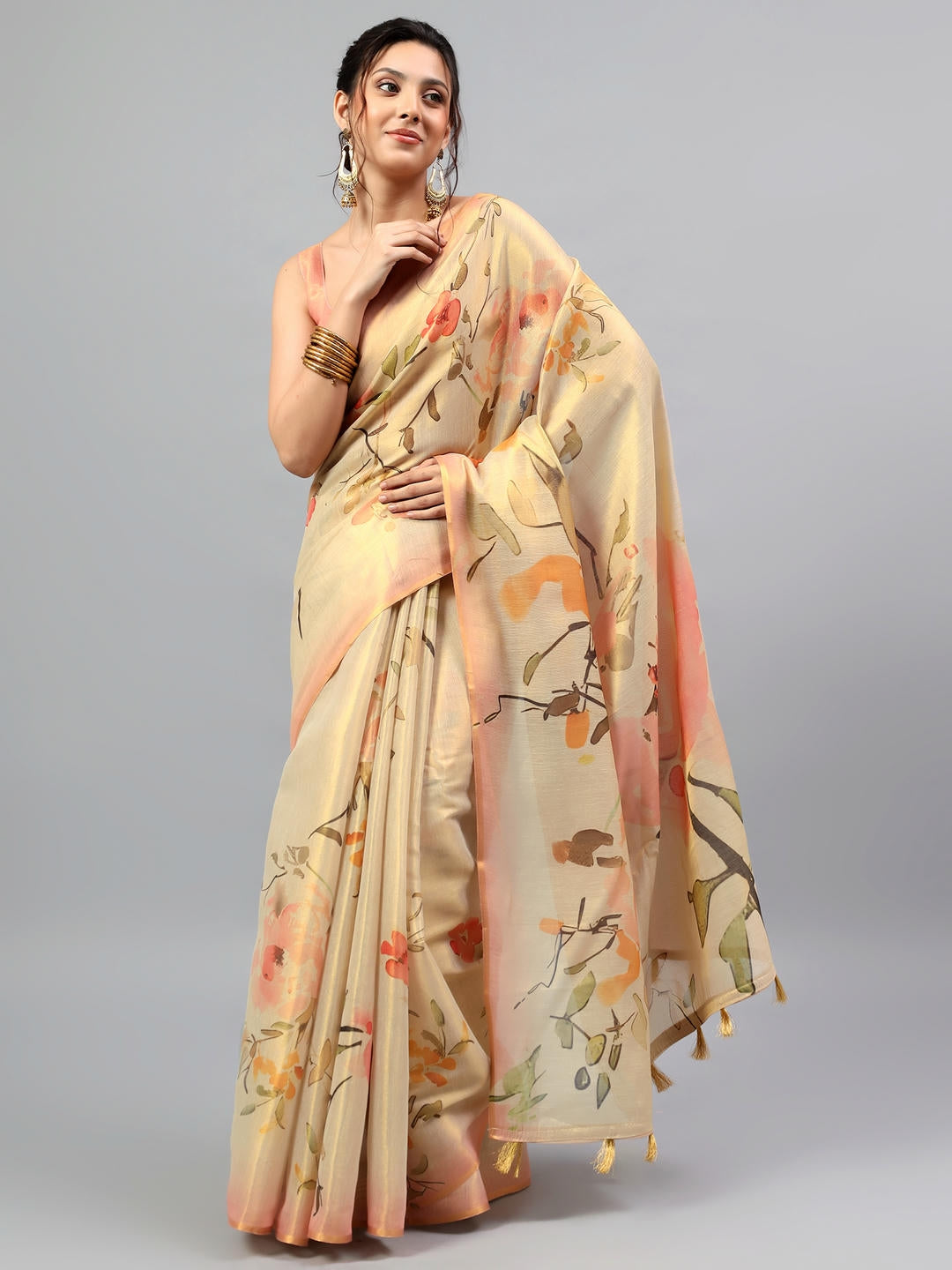 Samantha Beige Gold Floral Printed Ready To Wear One Minute Polyester Erode Zari Saree With Pre Stitched Pleats, Pocket And Unstitched Blouse Piece For Women Party Wear