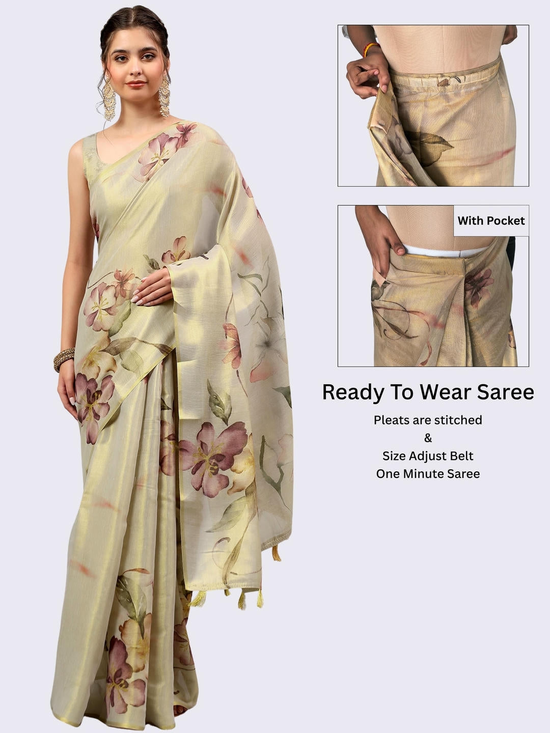 Beautiful woman styled in a shimmering metallic beige gold ready-to-wear one-minute polyester erode zari saree featuring pre-stitched pleats and a matching metallic blouse by Samantha.