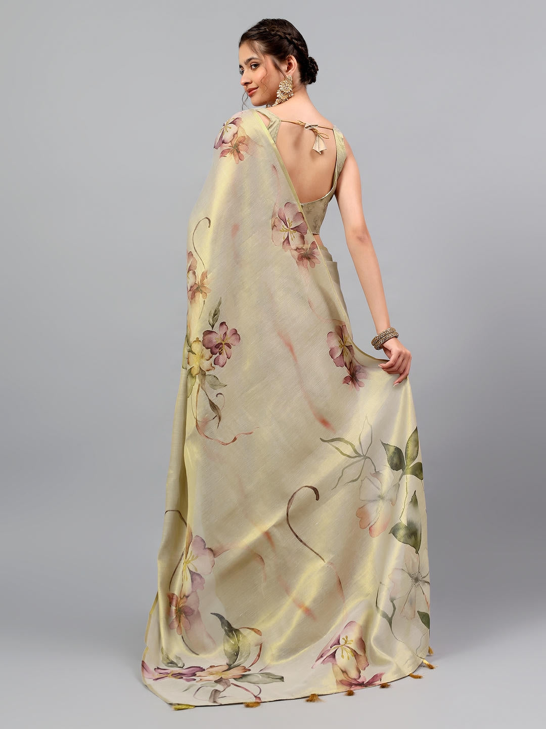 Samantha Beige Gold Ready To Wear One Minute Polyester Erode Zari Saree With Pre Stitched Pleats And Unstitched Blouse Piece For Women Party Wear