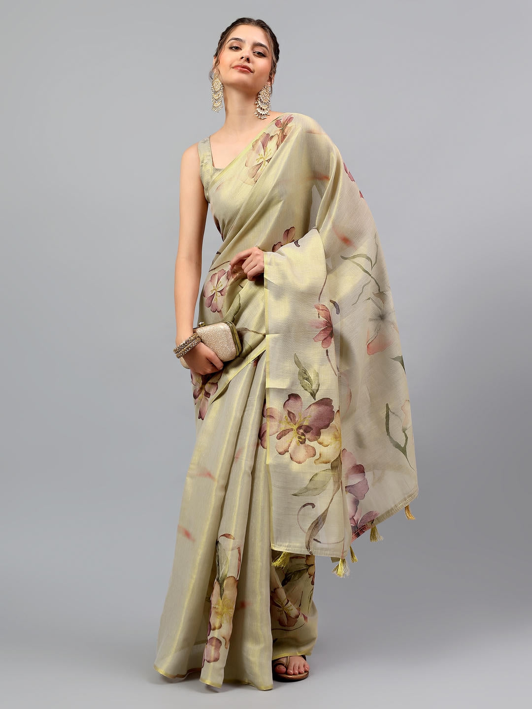 Samantha Beige Gold Ready To Wear One Minute Polyester Erode Zari Saree With Pre Stitched Pleats And Unstitched Blouse Piece For Women Party Wear