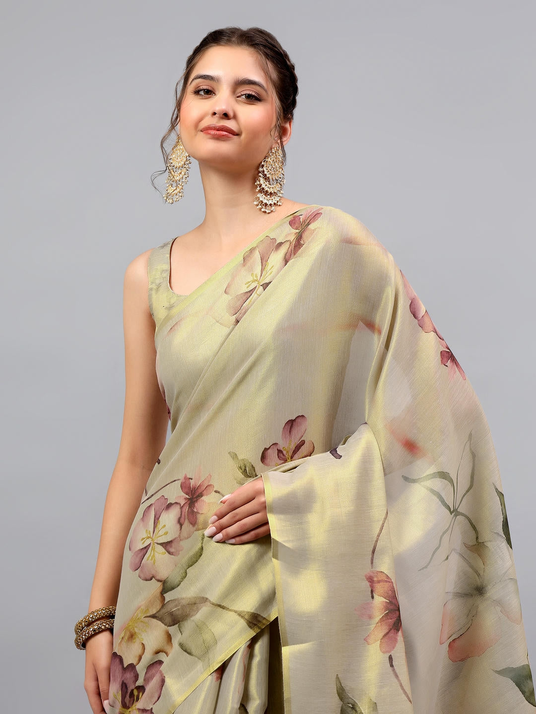 Samantha Beige Gold Ready To Wear One Minute Polyester Erode Zari Saree With Pre Stitched Pleats And Unstitched Blouse Piece For Women Party Wear