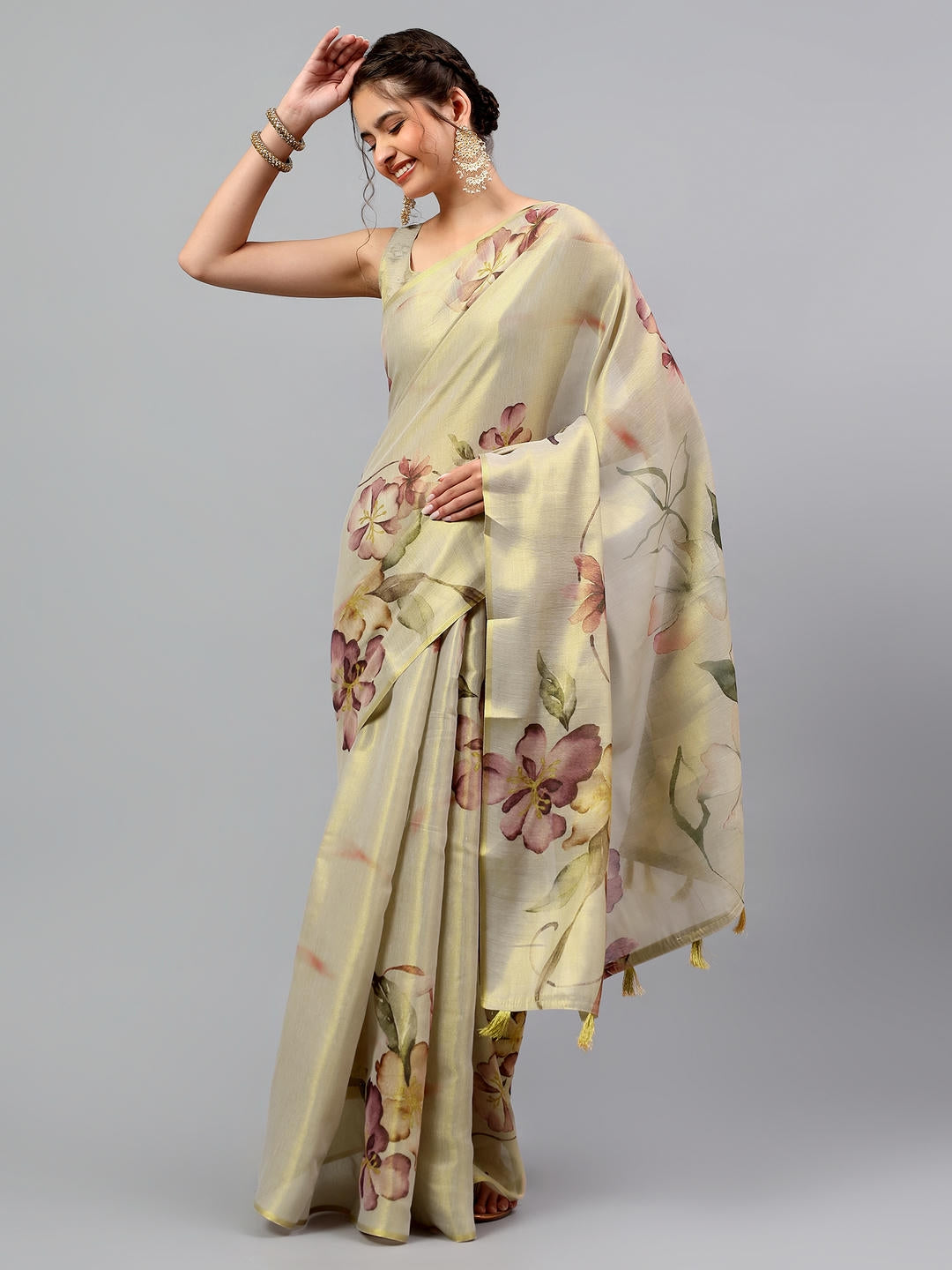 Samantha Beige Gold Ready To Wear One Minute Polyester Erode Zari Saree With Pre Stitched Pleats And Unstitched Blouse Piece For Women Party Wear