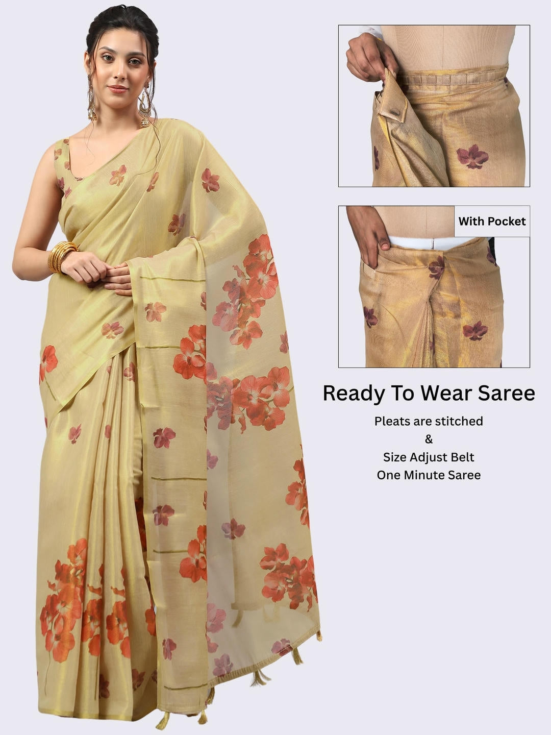 Beautiful woman styled in a shimmering metallic beige floral printed ready-to-wear one-minute polyester erode zari saree featuring pre-stitched pleats and a matching printed blouse by Samantha.
